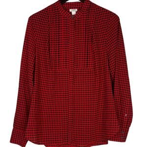 J. Crew Buffalo Check Plaid Red Black Pleated Tuxedo Button Blouse L Red Black